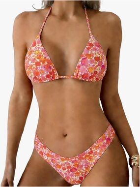 Floral Pink & Orange Triangle Bikini Set - Women Swim